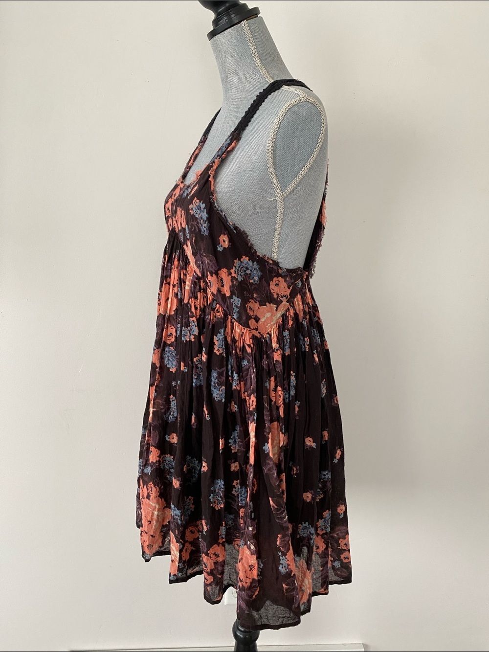 Free People Burgundy & Coral Floral Open Back Babydoll Dress Sz M Lace Boho Chic - Picture 4 of 14